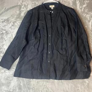 Talbots‎ Linen Shirt Womens Black 18W Band Collar Eyelet Stripes Button Front